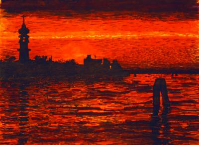 Venice at Sunset - water laps as the sun sets - original drawing using permanent marker and ink - by Cork Ireland Freelance Artist - Art van Leeuwen