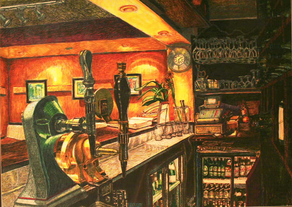Hardwood Restaurant - Behind the bar-original drawing using permanent marker and ink by cork artist, web site designer and developer Art van Leeuwen