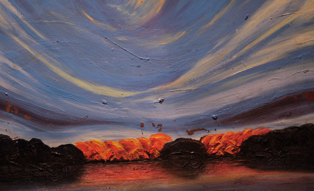 Northern skies over Otter Slide Lake - original painting using acrylic  by freelance cork artist, web site designer and developer